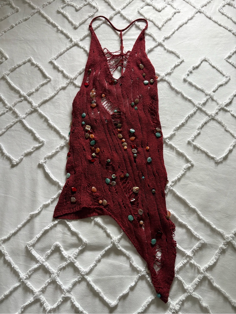 Jaded London Knit Beaded Halter Mini Dress - Burgundy Red - XS - Festival Outfit